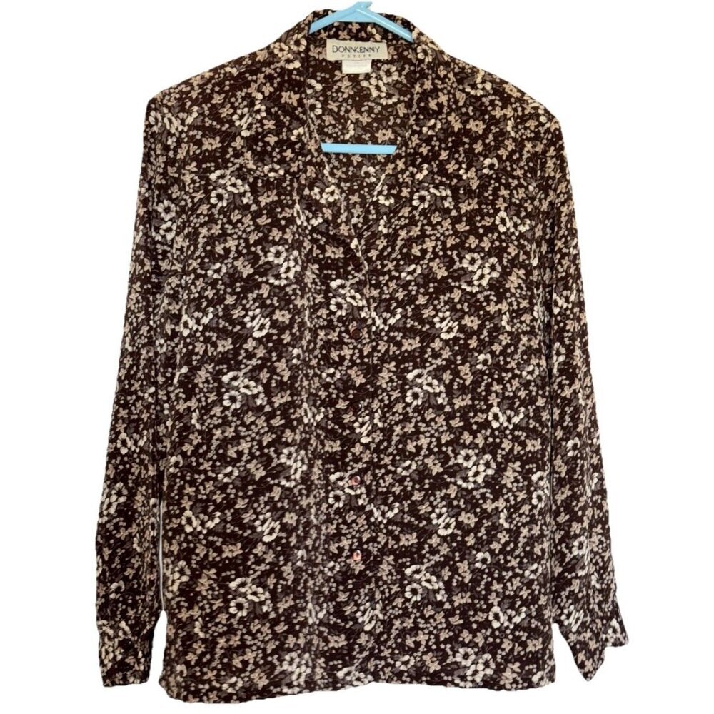 Donnkenny Blouse Career Petite XL Black Brown Tones Spring Flowers Button Up‎
